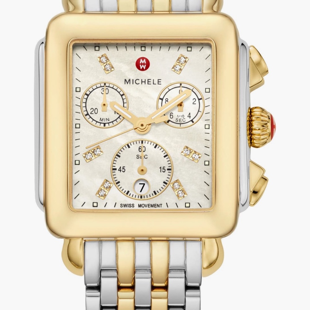Michele Two-Tone Gold and Silver DECO Diamond Chronograph Bracelet Watch, 33mm